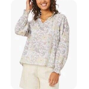 Roller Rabbit Size S Pastel Floral Tunic Top Long Sleeve Split Neck Romantic